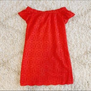 Red Lace Off the Shoulder Shift Dress